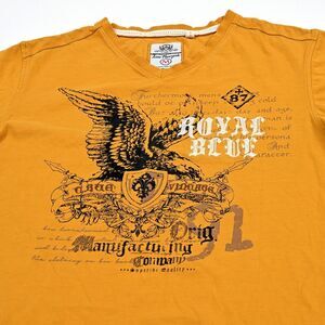 Eagle Print Embroidered‎ T-Shirt Adult Medium Yellow V Neck Contrast Stitching